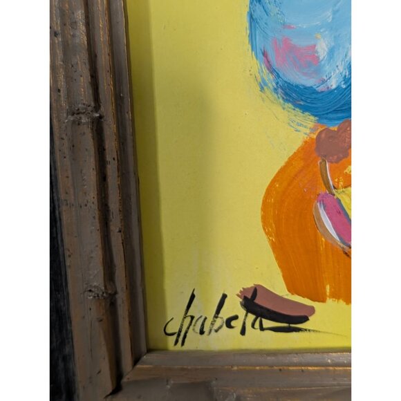 Signed "Chabela" Oil Painting on Board Woman Child Colorful Bag Ornate Frame - Picture 5 of 11